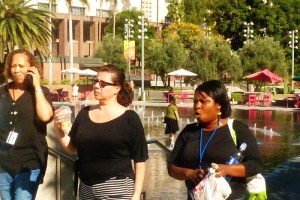 3 woman walk up staris from Grand Park in downtown La