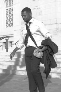 man in suit leaving city hall, Los Angeles, LA, city emeployee, in a hurry and happy
