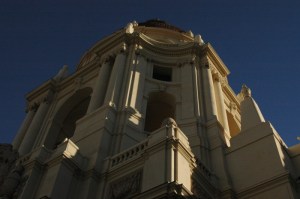 exterior looking up view of side of city hall in early morninh light