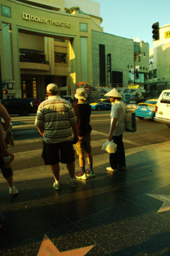 people wait to cross Hollywood Blvd in hats